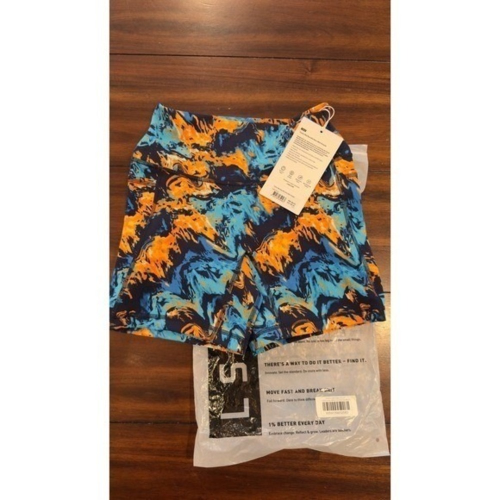 LSKD Fusion Mid Rise 6 Inch Short Pockets React Print Blue Orange Small NEW NWT